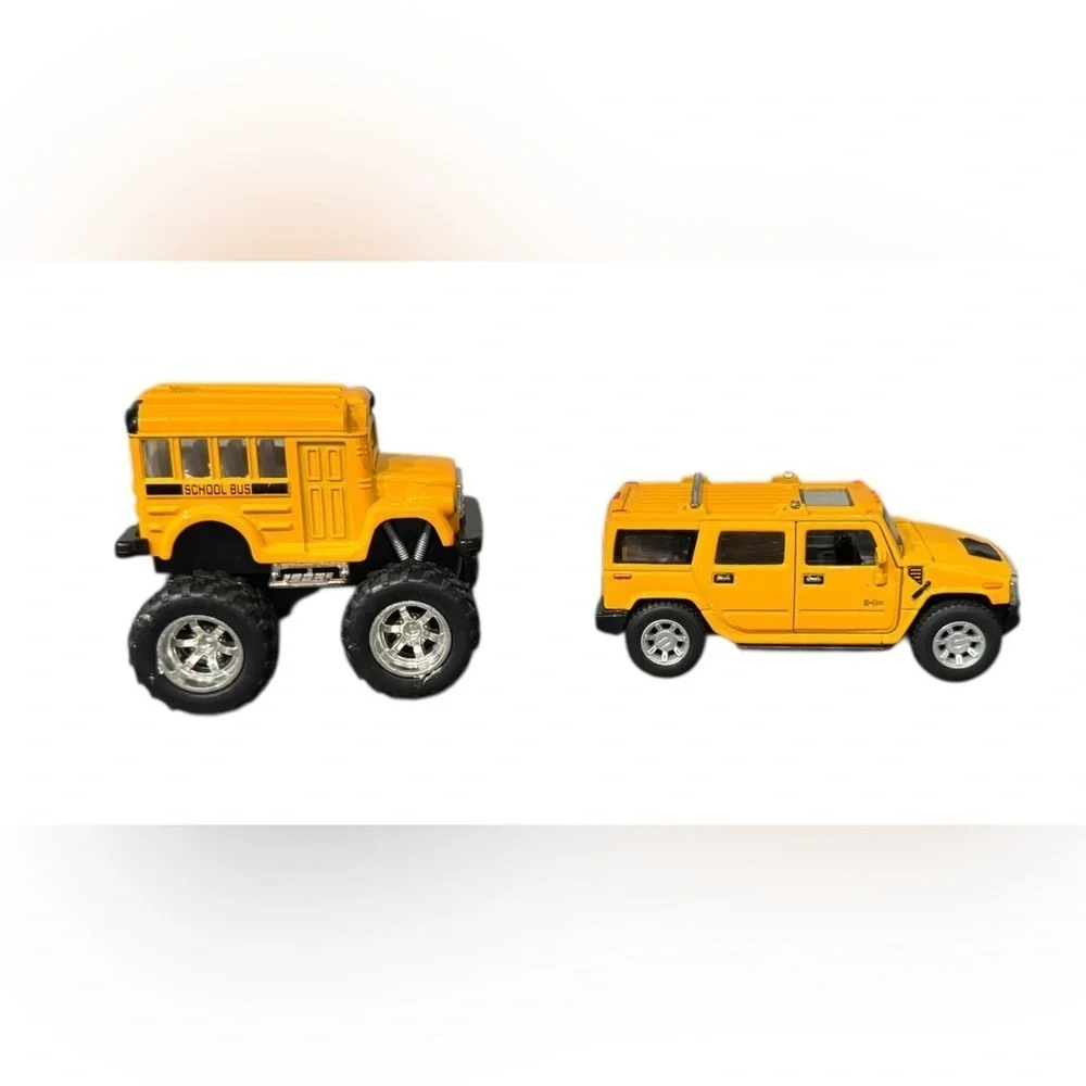 Two Diecast Pull Back & Rsce Vehicles: Kinsmart Hummer & School Bus